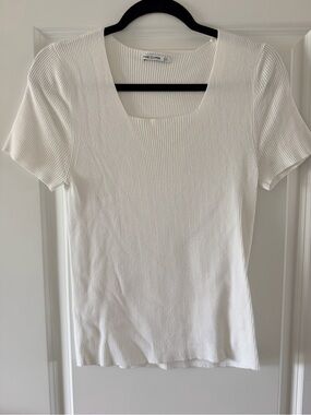 PINK CLOVER White Ribbed Square Neck Short Sleeve Top